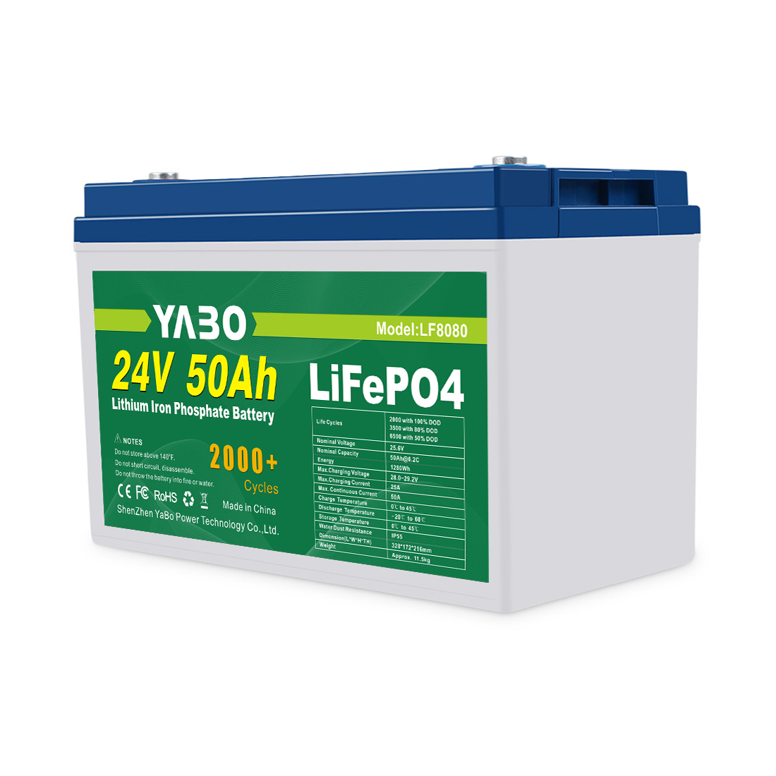 YABO 24V 50Ah LiFePO4 Lithium Iron Phosphate Battery Long Life